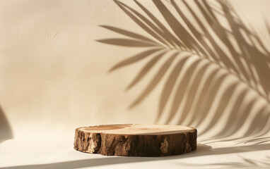 Minimalist wooden stump podium with palm leaf shadow and beige background for product display.