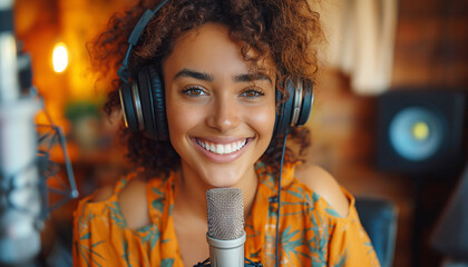 Cheerfully Smiling Woman recording podcast in professional studio setup. Engaging in live streaming session with microphone and headphones. Concept of podcasting and online broadcasting.