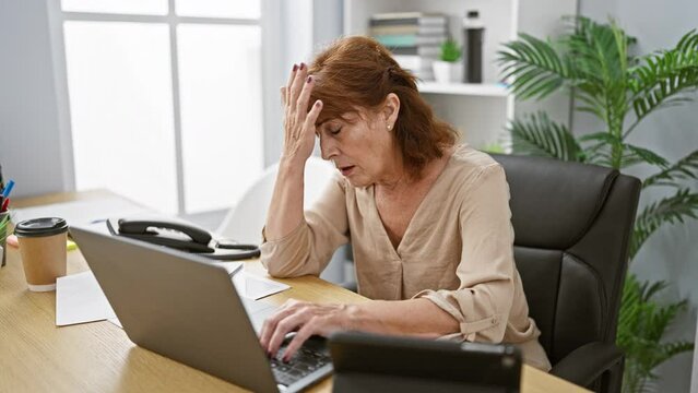 Oops! beautiful middle age woman at office, frustrated by mistake on laptop. hand on head, forgot crucial detail, memory error hits hard! indoor stress crisis.