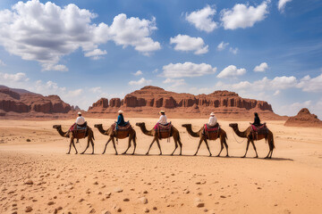 A group of camels, chairs ready for tourists, walking in the desert on a sunny afternoon and people on horseback against the backdrop of sandstone formations
