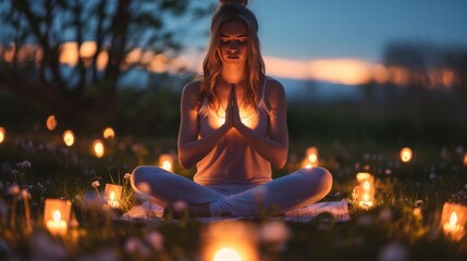 A young woman sits in the lotus position in a namaste position in the garden in the evening among candles, does evening relaxing yoga, takes care of her mental and physical health