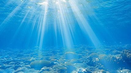 A clear blue ocean with sunlight shining through the water