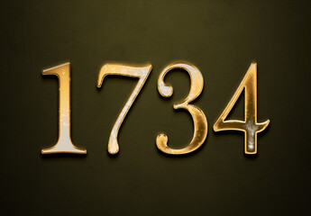Old gold effect of 1734 number with 3D glossy style Mockup.	