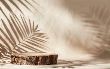 Minimalist wooden stump podium with palm leaf shadow and beige background for product display.