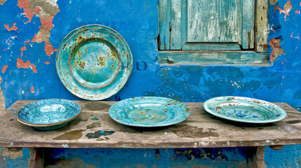 A blue wall with a window and a wooden shelf with four blue plates on it