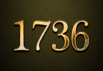 Old gold effect of 1736 number with 3D glossy style Mockup.	