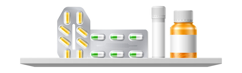 Pharmacy shelf with different pill blister and drug bottles
