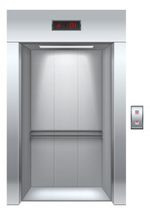 Elevator interior with open doors. Shiny metal realistic mockup © VectorBum