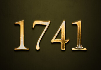 Old gold effect of 1741 number with 3D glossy style Mockup.	