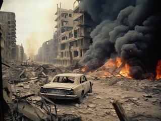 Abandoned Car Amidst Flames in a Ravaged City at Dusk