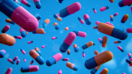 A bunch of colorful pills are flying through the air