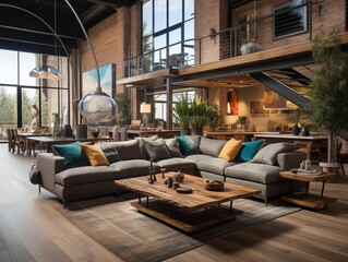 A Modern Loft Living Room Bathed in Daylight - obrazy, fototapety, plakaty