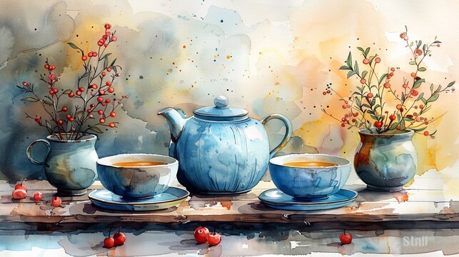 Tea ware composition, watercolor illustration, soft pastel tones