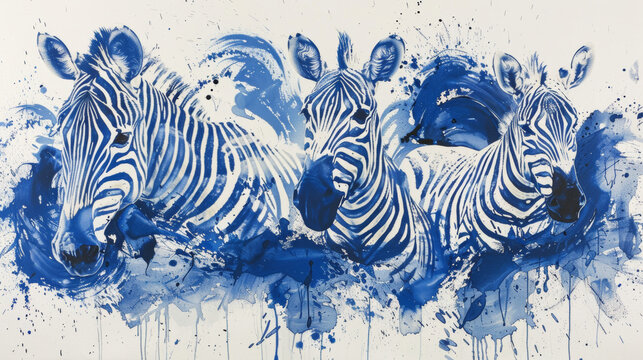 A painting of four zebras in blue and white