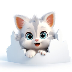 little cute happy kitten, peeking from a frozen snow hole of a wall сreated with Generative Ai