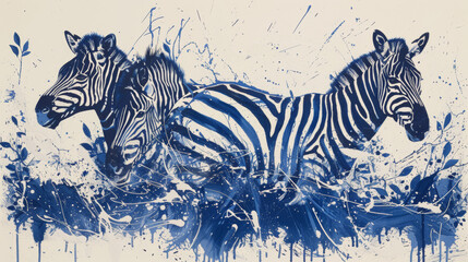 Fototapeta na wymiar Three zebras are running through a field of blue and white paint