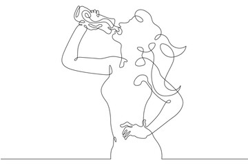 A young woman drinks water from a glass. Satisfy your thirst after exercise.One continuous line drawing. Line Art isolated white background.