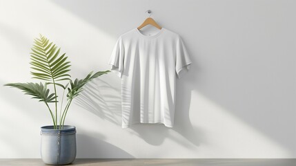 T-shirt mockup, white T-shirt mockup hanging from the hanger, white wall background