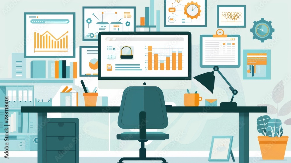 Poster desk with computer and monitor setup