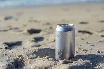 Soda can on beach sand, concept of plastic waste, recycling, pollution prevention, environmental conservation.
