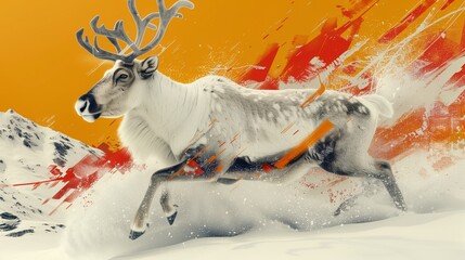 Dynamic caribou in motion - abstract arctic poster: artistic depiction of a caribou running with abstract elements on a vibrant backdrop