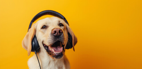 Cute dog wearing big headphones listens to music, sound therapy concept for animals - obrazy, fototapety, plakaty