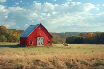 Obraz premium Solitude Serenade: Lone Llama by Rustic Barn. Concept Animal Photography, Rural Setting, Solitude, Llama Portrait, Rustic Barn