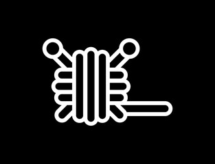 Yarn ball with knitting needles icon. Black and white icon, illustration.