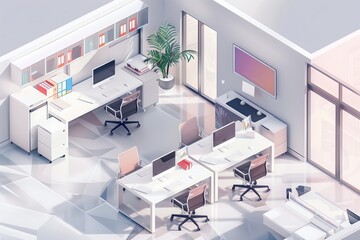 Fototapeta na wymiar isometric view of an office interior with desks, chairs and computers. The scene includes modern design elements like white furniture