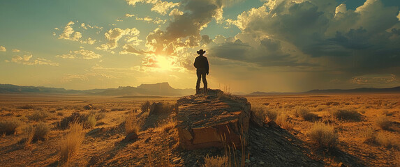 Generative ai illustration of a empty landscape with a cowboy alone - obrazy, fototapety, plakaty
