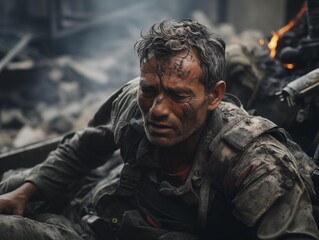 A Wounded Soldier in the Aftermath of Battle, Present Day, Urban Ruins