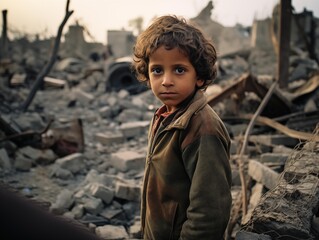 A Young Boy Stands Amidst Ruins at Dusk in a War-Torn City