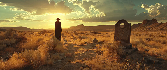 Generative ai illustration of a empty landscape with a cowboy alone - obrazy, fototapety, plakaty