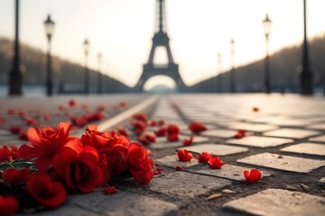 Closeup on red flowers on ground with Eiffel Tower blurred background, valentine, vacation, travel, love concept