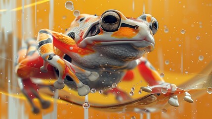 Surreal close up of a frog in dynamic abstract dimension: Artistic depiction of a frog in a vibrant, abstract environment with dynamic elements and bubbles