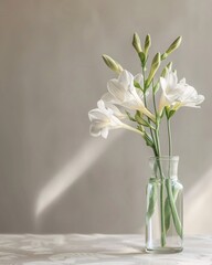 white freesia in vase on background with copy spac
