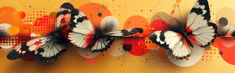 Abstract butterflies artistic poster design: vibrant abstract poster featuring butterflies with a modern artistic twist on a warm gradient backdrop. Panoramic banner