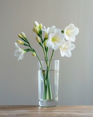 white freesia in vase on background with copy spac