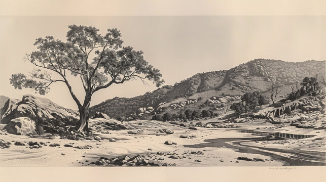 A tree is in the foreground of a desert landscape
