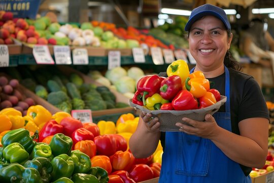 Smiling vendor with a tray of fresh peppers at the market.
