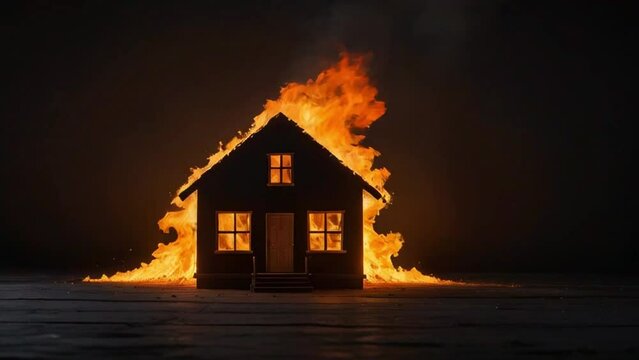 House building burning, on fire dark black background