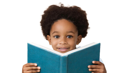 Isolated cut-out of a boy holding a large book. A child with a reading book. Literacy or back-to-school concept.