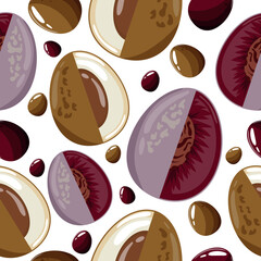 Easter seamless pattern with decorated eggs with longan, red peach and colorful eggs for holiday poster, textile or packaging	