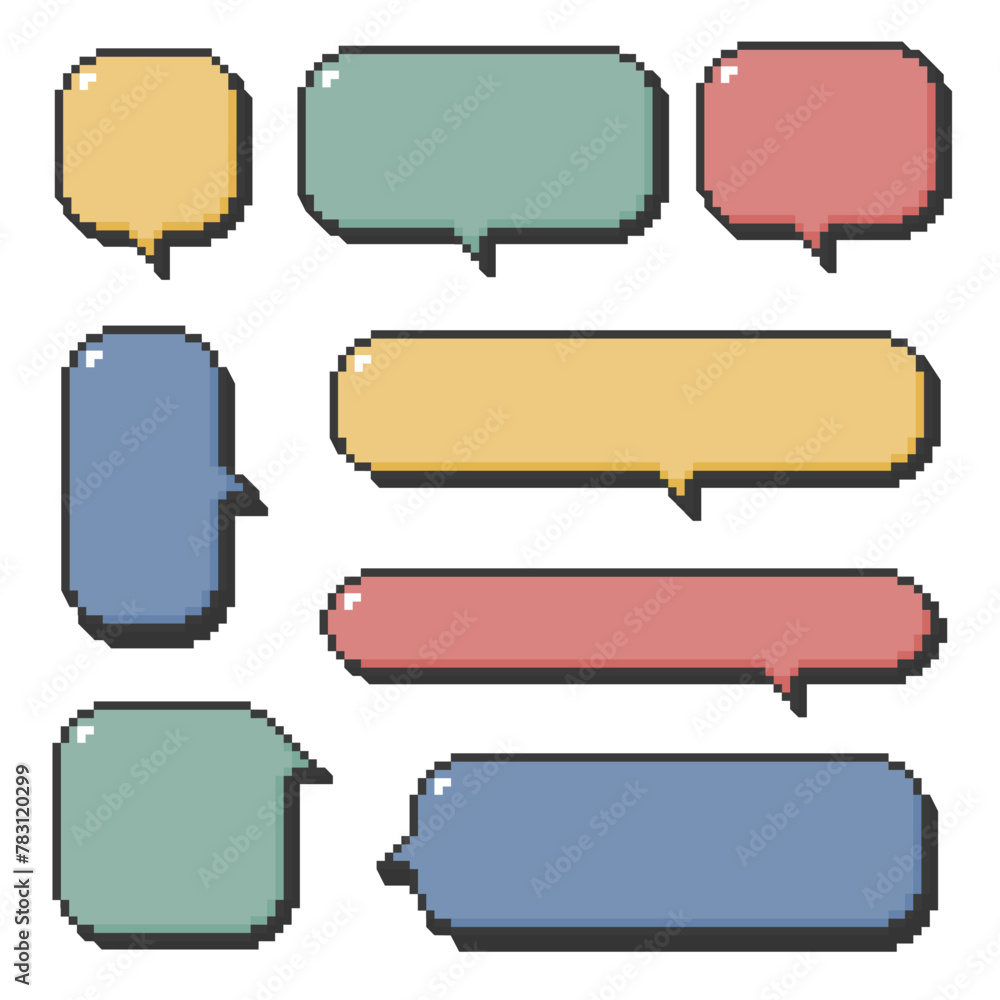 Poster collection set of 3d colorful retro game 8bit pixel speech bubble balloon, flat design vector illust