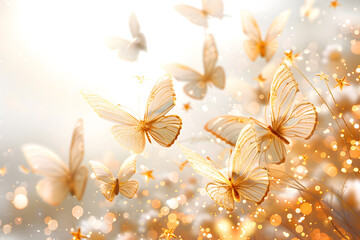 Butterflies fluttering around flowers, pollinating plants, with white background - obrazy, fototapety, plakaty