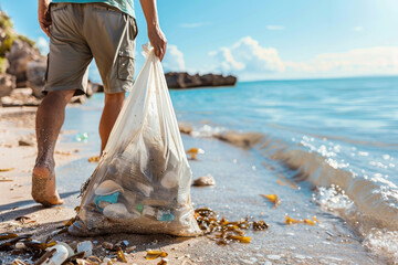 A volunteer collects trash on a beach, holding a bag full of litter against a backdrop of sunlit waves