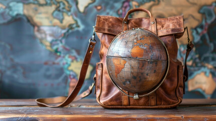 A leather bag with a globe inside of it