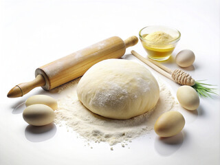 eggs, flour, sugar, milk and rolling pin Baking pastry or cake Ingredients for making dough 