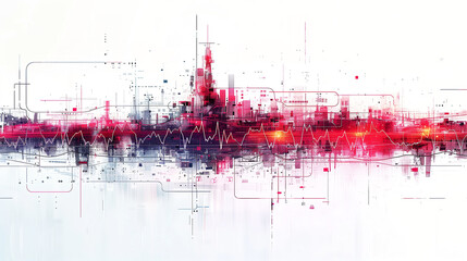 Abstract digital cityscape with heartbeat overlay. 