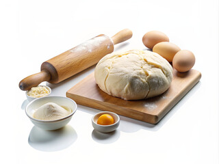 ingredients and tools to make a cake, flour, butter, sugar,eggs, Baking pastry or cake ingredients, Frame of food ingredients for baking on a white background. 